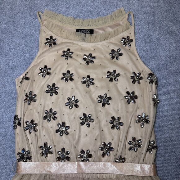 Adrianna Papell Dress Tan Gem Flowers sparkle Cocktail Evening Dress size 8 - Picture 5 of 16